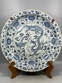 A Rare Blue and White Lotus, Dragon and Phoenix Pattern Plate