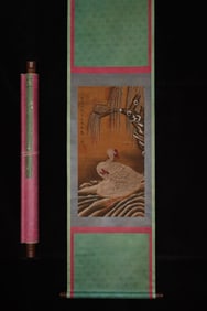 A Chinese Vertical Scroll Ink Painting of flower and bird on Silk