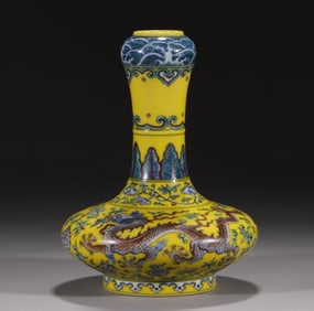 A Rare Yellow Ground Doucai Lotus and Dragon Patterns Vase