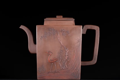 A Rare Pine and Crane Pattern Square - shaped Zisha teapot