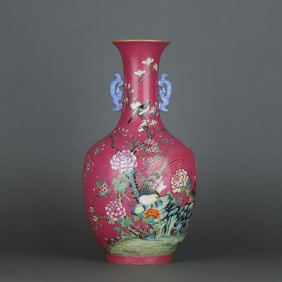 A Rare Ruby Red-Glazed Famille-Rose Flower Bird Pattern Vase