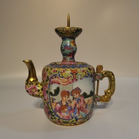 A Rare Green Ground Enamel Character and Story Patterns and Lotus  Outline in Gold Pot