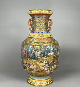 A Rare Enamel Carved Gold Ground Landscape Pattern Double-Ears Vase