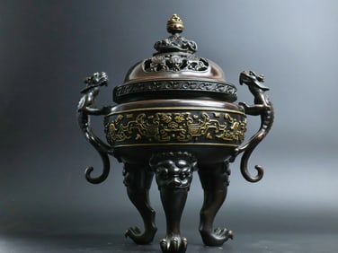 A Rare Red Copper Relief Carved and Gilt Beast-Ears Censer