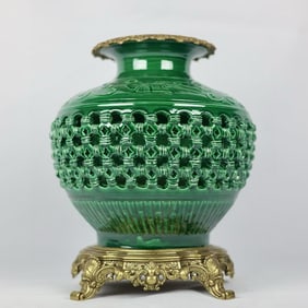 A Rare Gem Green Hollowed Copper Inlaid Vase