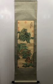 A Chinese Painting of Landscape on Paper With a Hanging Scroll