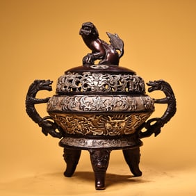 A Rare Coppery High Relief Carved and Silver-gilded Lion-lid Censer