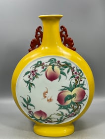 A Rare Yellow Glazed Famille-Rose Bats and Peach Pattern Double-Ears Vase