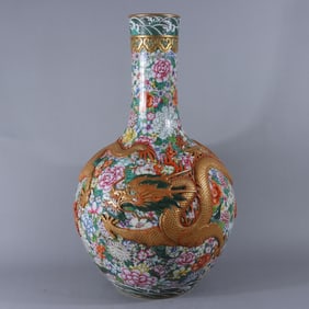A Rare Famille-Rose Carved Flower and Dragon Patterns Vase