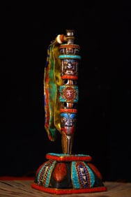 A Rare Iron Carved Painted Color Inlaid Gems Dzi Bead Old Dharma Implement