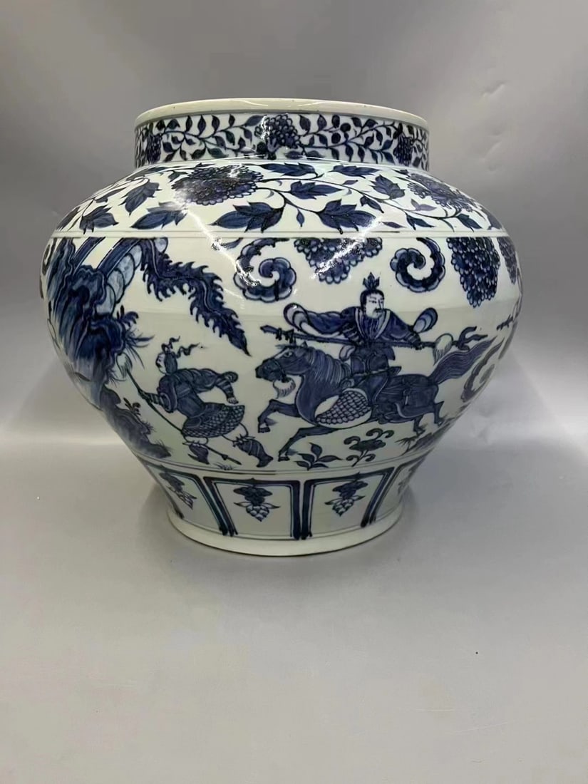 A Rare Blue and White Figure Pattern Jar: A Rare Blue and White Figure Pattern Jar,Yuan Dynasty, China,Size:11.6inx13.4in 青花人物纹罐,中国元代