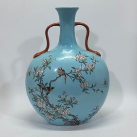 A Rare Famille-Rose Blue Ground Flower and Bird Pattern Double-Ears Vase