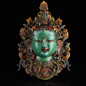A Rare Coppery Inlaid Gem Painted Gilded Green Tara Head Mask
