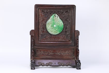 A Rare  Red Sandalwood Inlaid Jadeite Dragon Pattern Table Screen