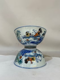 A Pair of Rare Doucai Flower and Bird Pattern Bowls