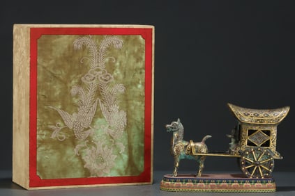 A Rare Gold and Silver-Inlaid Bronze Bronze Horse-Drawn Carriage, With Inscription