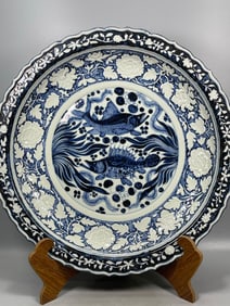 A Rare Blue and White Lotus, Fish and Lotus Pattern Plate