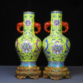 A pair of Rare Cloisonne Famille-Rose Lotus Pattern Vases