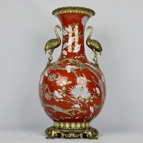 A Rare Ji Red Glazed Copper Inlaid Flower Dragon Pattern Vase