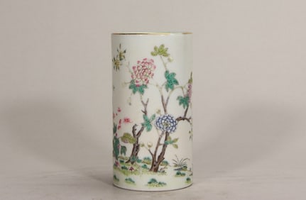 A Rare Famille-Rose Flower Pattern Brush Pot