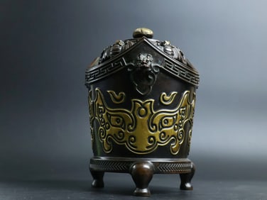 A Rare Red Copper Relief Carved and Gilt Three Dragon-Head Ears Incense Censer