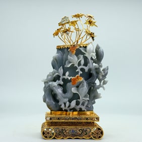 A Rare Hetian Jade Blue and White Flower and Bird Ornament