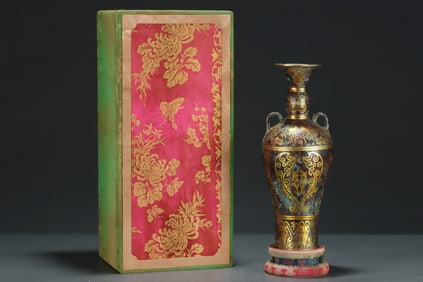 A Rare Gold and Silver-Inlaid Bronze Bronze Double-Ears Vase, With Inscription