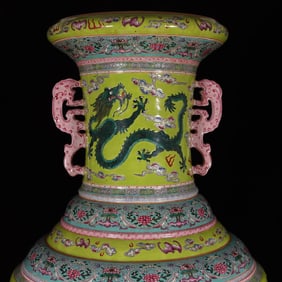 A Rare Apple Green Base Famille-Rose Dragon Pattern Vase