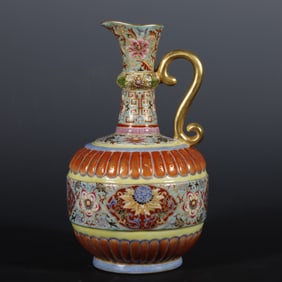 A Rare Green Ground Famille-Rose Lotus and Flower Patterns  Outline in Gold Pot