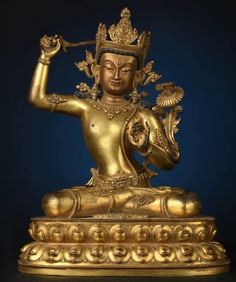 A Rare Gilt Bronze Manjusri Bodhisattva Seated Statue
