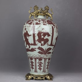 A Rare Blue and White Underglaze-Red Copper Inlaid Figure Story Pattern Vase