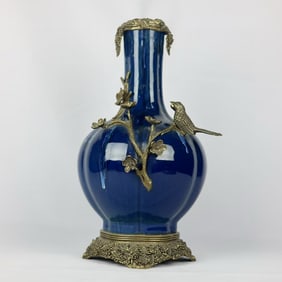 A Rare Ji Blue Flambe Glazed Copper Inlaid Vase
