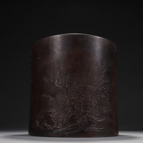A Rare  Red Sandalwood Carved Flower Poem Brush Pot