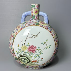 A Rare Famille-Rose Flower and Bird Pattern Double-Ears Vase