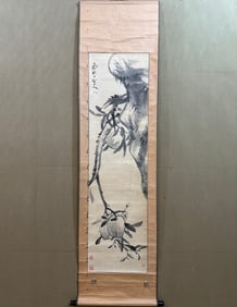 A Chinese Painting of Flower and Fruit on Paper With a Hanging Scroll