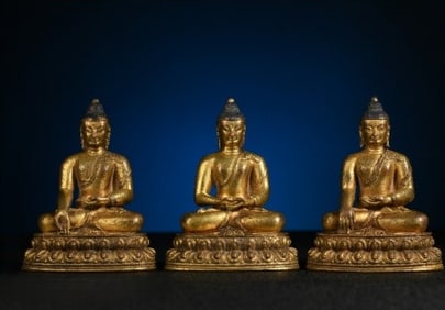 A Rare Gilt Bronze Three Buddhas Seated Statue