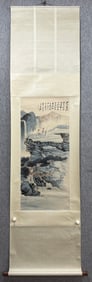 A Chinese Vertical Scroll Ink Painting of Landscape and Figures on Paper
