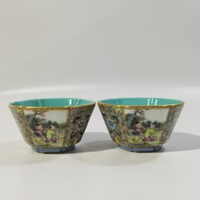 A pair of Rare  Enamel Flower and Character Patterns Cups