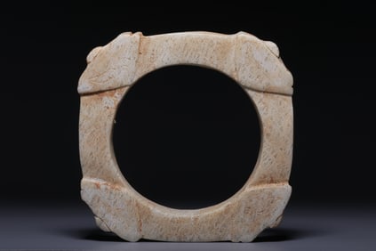 A Rare Archaic Jade Beast Face Pattern Jade Ring
