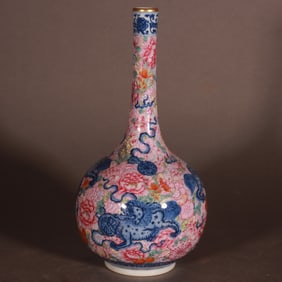 A Rare Enamel Flower and Auspicious Beast Patterns  Outline in Gold Vase