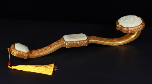 A Rare Gilt Bronze Inlaid Hetian jade Carved Ruyi
