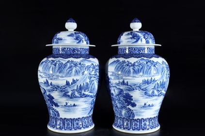 A pair of Rare Blue and White Landscape and Figures Pattern Jars