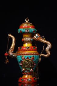 A Rare Amber Inlaid Gems Dzi Bead Butter Lamp Vessel