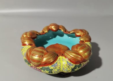 A Rare Yellow Ground Enamel Lotus and Bat Patterns Brush Washer