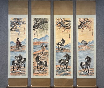 A Set of Chinese Vertical Scroll Ink Painting of Horse on Paper