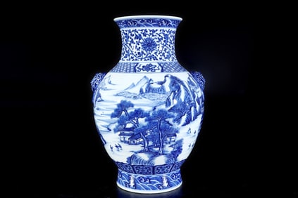 A Rare Blue and White Lotus Landscape and Story Pattern Double-Ears Animal-Mask Vase
