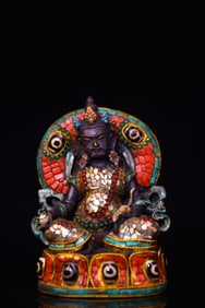 A Rare Ox Bone Cloisonne Inlaid Gems Dzi Bead Statue of Mammon