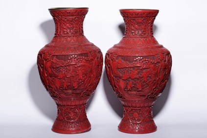 A Rare A pair of Bronze Body Carved Red Character Story Pattern Vase