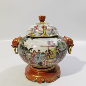 A Rare Enamel Character and Story Patterns  Outline in Gold Jar