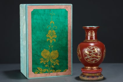 A Rare Red Glazed Gilt Vase with Fortune, Prosperity, Longevity and Joy Motifs